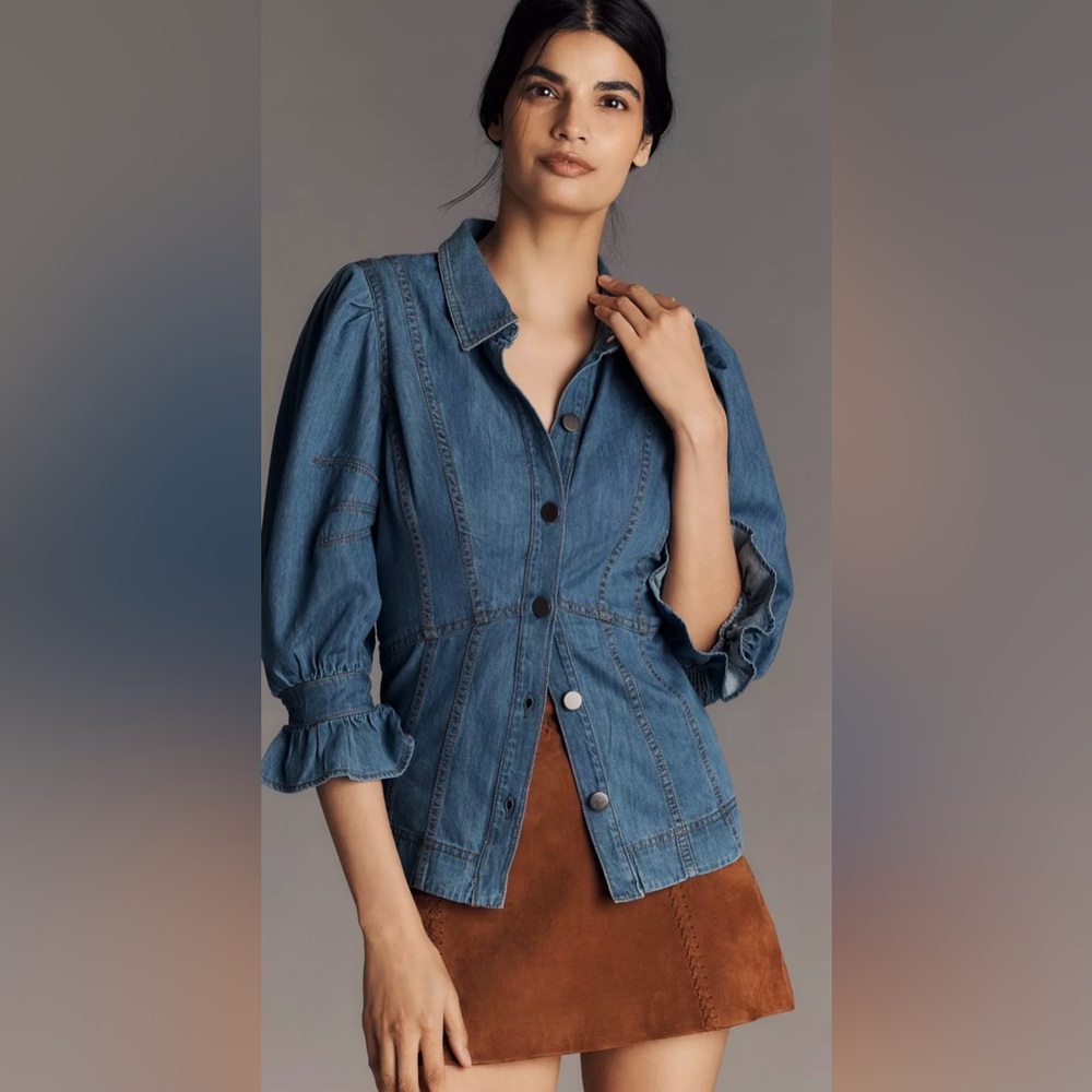 Anthropologie Blue Denim Top with Puff Sleeves